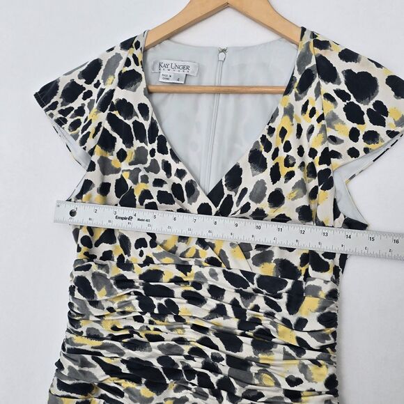 Kay Unger Womens 4 Silk Abstract Animal Print Yellow Gray Black Faux Wrap Dress - Picture 15 of 16